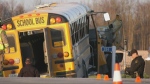 Three children were injured after a transport truck and a school bus collided on Route 400 in Russell, Ont. April 22, 2024. (Shaun Vardon/CTV News Ottawa) 