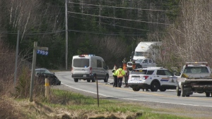 Emergency crews respond to a head-on crash in Big Pond, N.S., on April 19, 2024. (CTV Atlantic)
