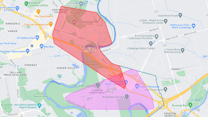 A map shows the power outage in Kitchener as of 1 p.m. Tuesday. (Enova)