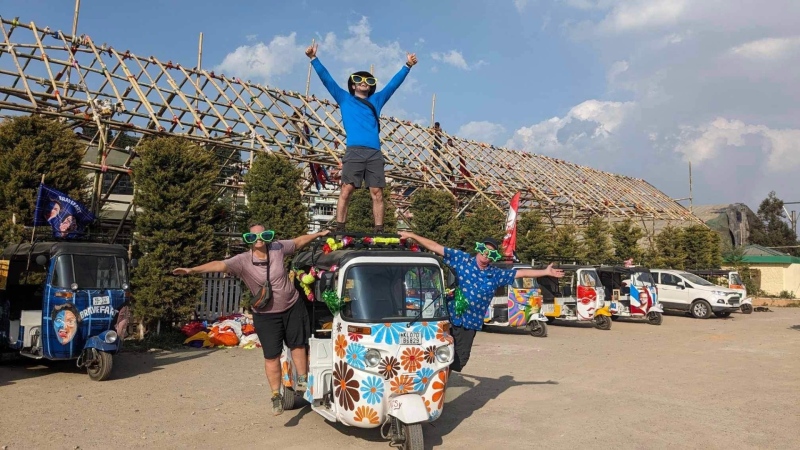 Matt Daw, Heather Wicksted and their American travel companion Max Kent recently completed their trek across India in their three-wheeled rickshaw vehicle. (Supplied)