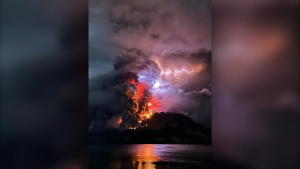 Mount Ruang spewed lava and and ash on April 17, seen from Sitaro, North Sulawesi. It also triggered lightning in the ash cloud -- a common phenomenon in powerful volcano eruptions. (Center for Volcanology and Geological Hazard Mitigation / AFP / Getty Images / CNN Newsource)