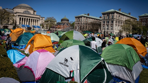 Tents stand erected at the Pro-Palestine protest encampment at the Columbia University campus in New York on Monday April 22, 2024. (Stefan Jeremiah / AP Photo)