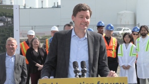 B.C. Premier David Eby speaks at Vitalus Nutrition's dairy plant in Abbotsford, B.C. on Tuesday, April 23, 2024. (CTV News)