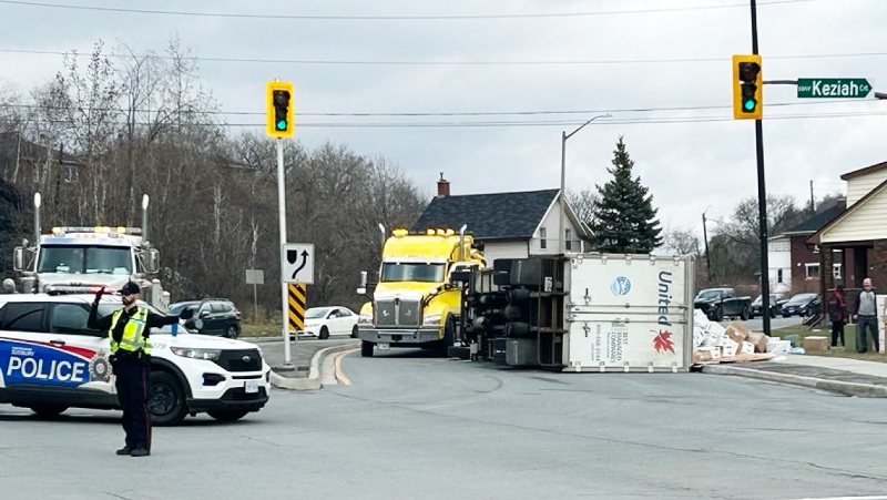 One person has been sent to hospital following a single-vehicle collision Tuesday at a busy intersection in Greater Sudbury. (Chelsea Papineau/CTV News)