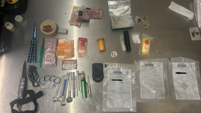 South Bruce OPP seized illicit drugs and prohibited weapons from a vehicle along Durham Street in Kincardine Ont., on April, 18, 2024. (OPP)