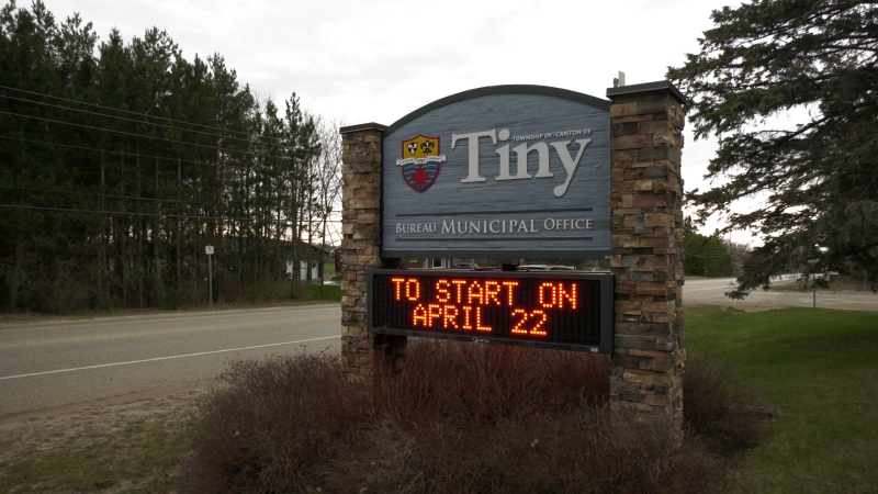 Tiny Township's municipal office building sign, seen here on April 23, 2024 (Christian D'Avino/CTV News). 