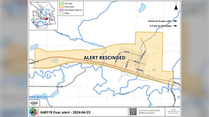 The evacuation alert for the community of Endako, B.C., was rescinded Tuesday. (Regional District of Bulkley-Nechako)