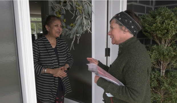 Liberal candidate Cathy Burghardt-Jesson (right) speaks to a voter in Mount Brydges, Ont. on April 23, 2024. (Bryan Bicknell/CTV News London)