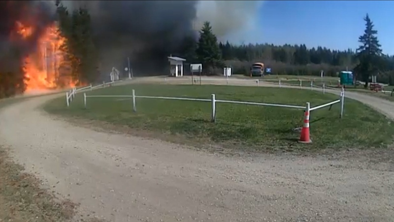 Video of an encroaching wildfire captured on May 5, 2023 from a surveillance camera at Pembina River Tubing near Entwistle. (Source: Cheryl Harris)