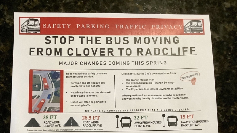 A flyer designed by Marc Sementilli outlining his points against moving a Windsor, Ont. bus route from Clover Avenue to Radcliffe Avenue. (Sanjay Maru/CTV News Windsor)