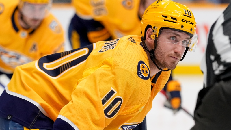 Nashville Predators center Colton Sissons (10) during the third period of an NHL hockey game against the Vegas Golden Knights, Tuesday, March 26, 2024, in Nashville, Tenn. (AP Photo/George Walker IV)