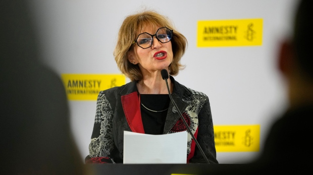 Agnes Callamard, Secretary General of Amnesty International, speaks at a press conference in London, ahead of the launch of 'The State of the World's Human Rights', its annual report on the global human rights situation, Tuesday, April 23, 2024. (AP Photo/Kirsty Wigglesworth)
