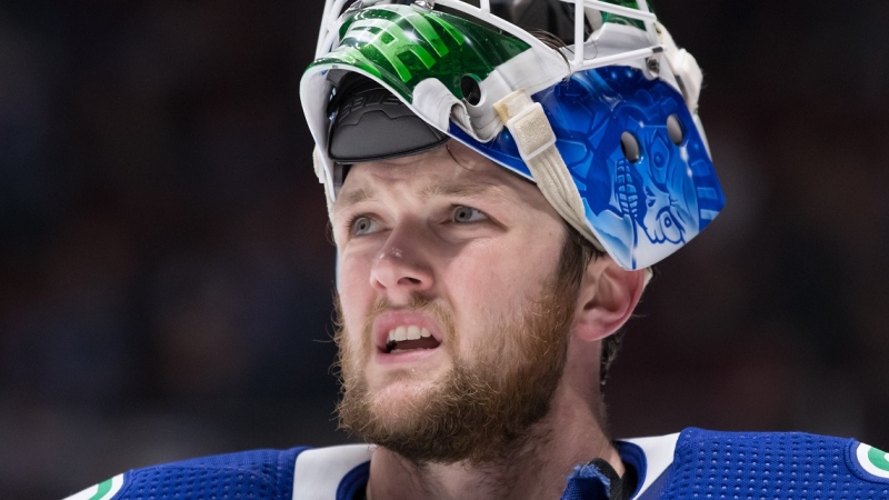 Vancouver Canucks goalie Thatcher Demko looks on during a break in play against the Ottawa Senators during the third period of a pre-season NHL hockey game in Vancouver, on Wednesday September 25, 2019. THE CANADIAN PRESS/Darryl Dyck
