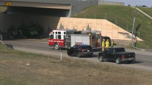 A vehicle collision at Macleod Trail and Stoney Trail in Calgary’s southeast has sent one person to hospital with serious injuries.