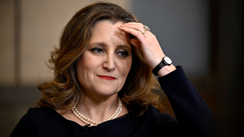 Deputy Prime Minister and Minister of Finance Chrystia Freeland waits for the start of a TV interview after tabling the federal budget on Parliament Hill in Ottawa, on Tuesday, April 16, 2024. THE CANADIAN PRESS/Justin Tang