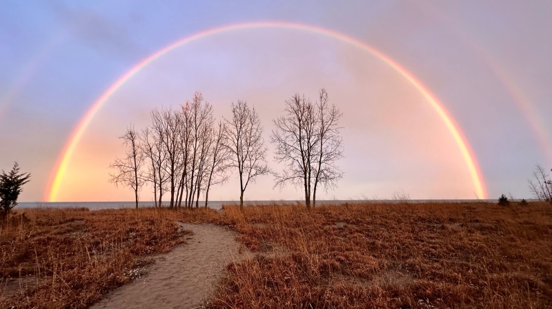 A double rainbow is seen over Lake Erie at Rondeau Provincial Park on April 23, 2024. (Source: Brian French)