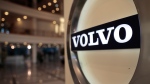 The Volvo logo is seen in the lobby of the Volvo corporate headquarters in Brussels on Feb. 6, 2020. (AP Photo/Virginia Mayo)