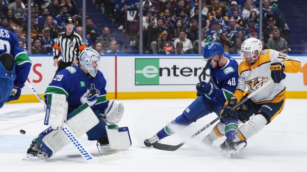 Nashville Predators' Colton Sissons (10) scores against Vancouver Canucks goalie Casey DeSmith (29) during the second period in Game 2 in Vancouver, on Tuesday, April 23, 2024. THE CANADIAN PRESS/Darryl Dyck