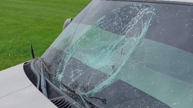 A driver in Lambton County was charged after being pulled over for speeding and also had a broken windshield. April 23, 2024. (Source: OPP)