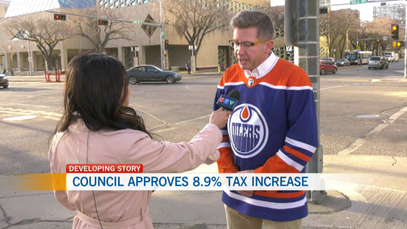 Coun. Tim Cartmell speaks to CTV News Edmonton's Nicole Lampa on April 24, 2024, the day after council approved an 8.9-per cent property tax increase. (CTV News Edmonton) 