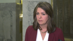 Alberta Premier Danielle Smith defends having a physician who accused the province of exaggerating COVID-19's impact on hospitals now lead a review of pandemic-era health data at the legislature on April 23, 2024. (Darcy Seaton / CTV News Edmonton) 
