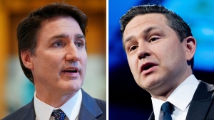 Composite image shows Prime Minister Justin Trudeau, left, and Conservative Party Leader Pierre Poilievre, right. (Heywood Yu, Spencer Colby / The Canadian Press)