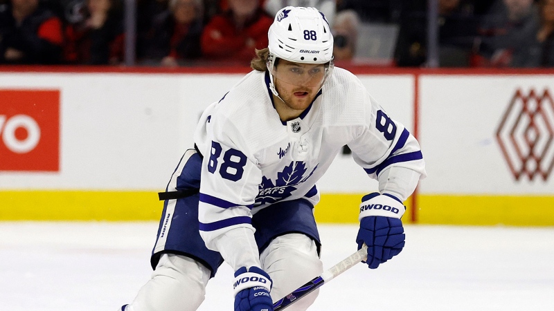 Toronto Maple Leafs' William Nylander (88) skates against the Carolina Hurricanes during the third period of an NHL hockey game in Raleigh, N.C., Sunday, March 24, 2024. (AP Photo/Karl B DeBlaker)