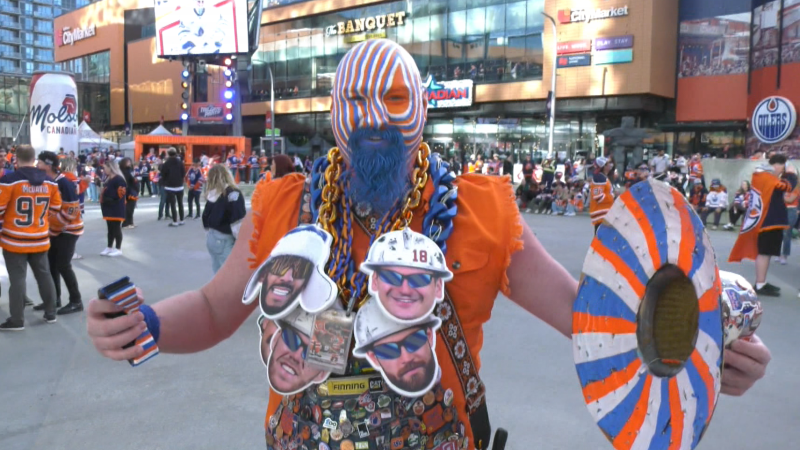 Oilers superfan Dale Steil displaying his Oilers fandom during the play-offs on April 22, 2024. (Darcy Seaton/CTV News Edmonton)