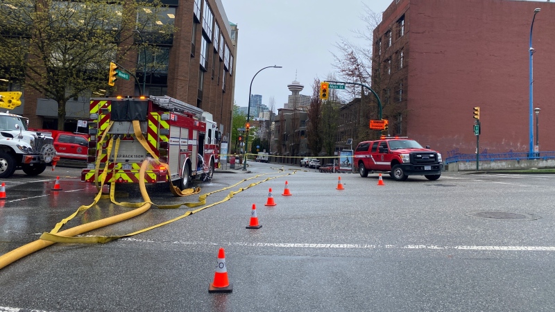 Fire crews respond to a gas leak in Vancouver on April 24, 2024. 