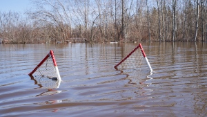 A hockey net is partially submerged during flooding in Peguis First Nation, Man., Wednesday, May 4, 2022. (THE CANADIAN PRESS/David Lipnowski)