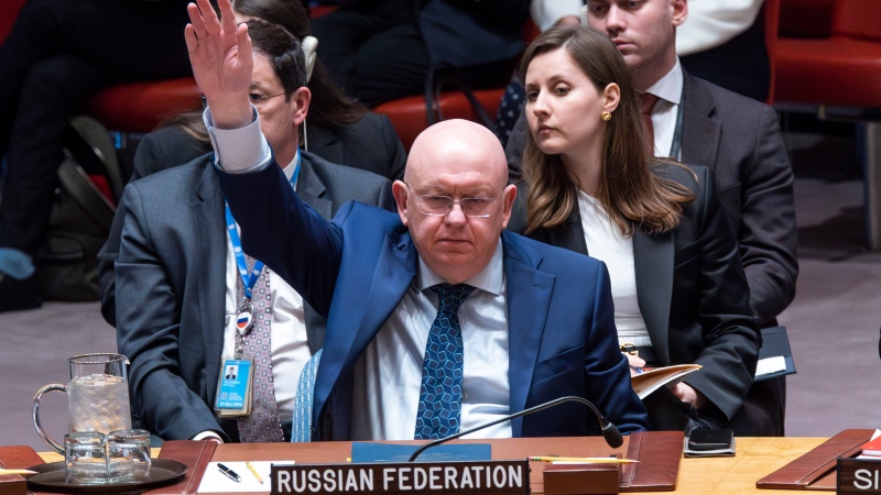 Russian Permanent Representative to the UN Vassily Nebenzia raises his hand to veto the Non-proliferation of nuclear weapons resolution bill during a meeting of UN Security Council members, Wednesday, April 24, 2024 at United Nations headquarters. (Eduardo Munoz Alvarez / AP Photo)