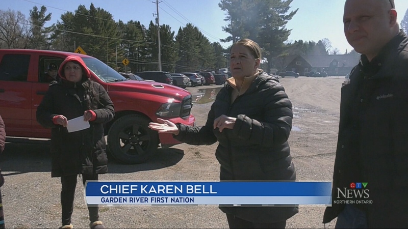 Garden River First Nation Chief Karen Bell faces band members concerned about the Robinson-Huron Treaty settlement payout. April 24, 2024 (Mike McDonald/CTV Northern Ontario)