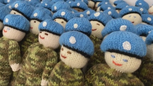 Volunteers in Perth, Ont. knit small peacekeeper "Izzy Dolls" in commemoration of the 80th anniversary of D-Day and the Battle of Normandy. (Katie Griffin/CTV News Ottawa)