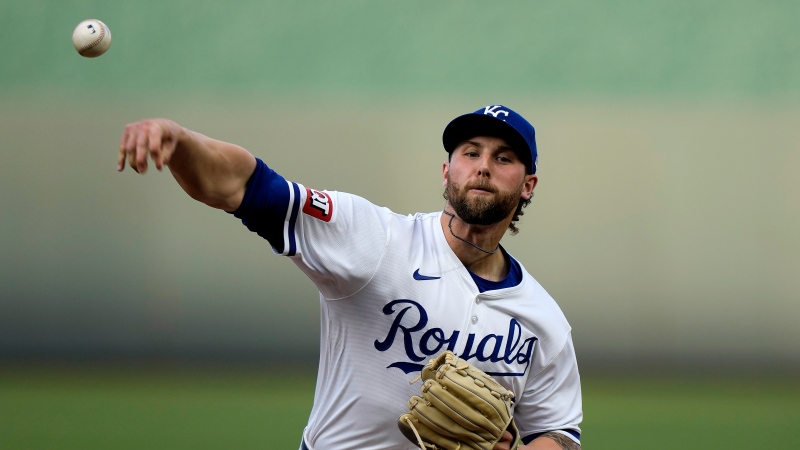 Kansas City Royals starting pitcher Alec Marsh throws during the first inning of a baseball game against the Toronto Blue Jays Wednesday, April 24, 2024, in Kansas City, Mo. (AP Photo/Charlie Riedel)