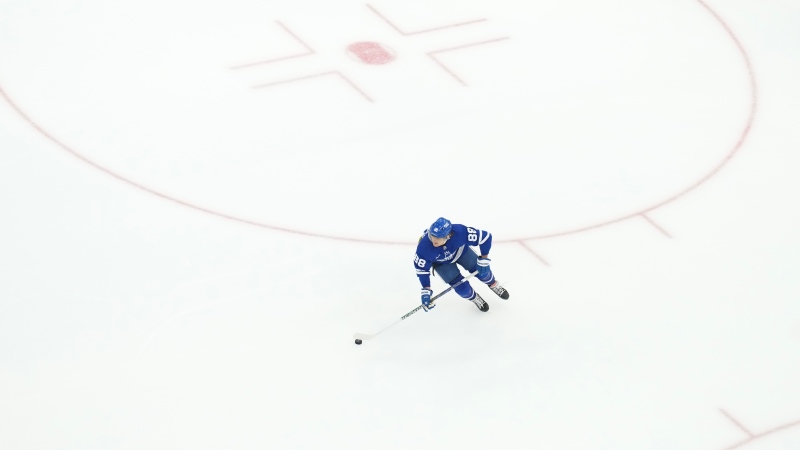 Toronto Maple Leafs right wing William Nylander brings the puck forward during NHL hockey action against the Tampa Bay Lightning in Toronto, on Wednesday, April 3, 2024.THE CANADIAN PRESS/Chris Young
