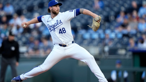 Kansas City Royals starting pitcher Alec Marsh throws during the first inning of a baseball game against the Toronto Blue Jays Wednesday, April 24, 2024, in Kansas City, Mo. (AP Photo/Charlie Riedel)