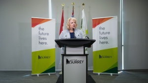 Surrey Mayor Brenda Locke speaks during a news conference about the city's municipal police force transition, in Surrey, B.C., on Friday, April 28, 2023.  THE CANADIAN PRESS/Darryl Dyck