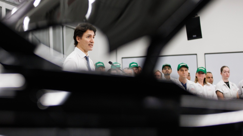 Prime Minister Justin Trudeau speaks during a tour of a Honda Manufacturing Plant in Alliston, Ont., Wednesday, April 5, 2023. (Source: THE CANADIAN PRESS/Cole Burston)