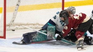 Montreal's Kristin O'Neill (43) scores on New York goaltender Corinne Schroeder (30) during second period PWHL hockey action in Montreal on Wednesday, April 24, 2024. (THE CANADIAN PRESS/Christinne Muschi)