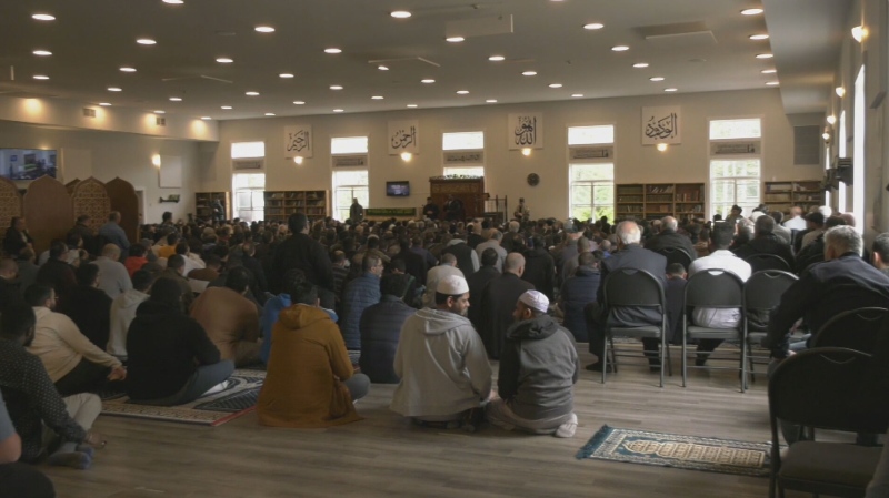 People gather at a Bedford, N.S., mosque for the funeral of Ahmad Al Marrach on April 24, 2024. (CTV Atlantic)