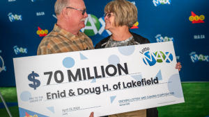 Doug and Enid Hannon celebrate their $70 million winnings at OLG. April 24, 2024 (Source: OLG)