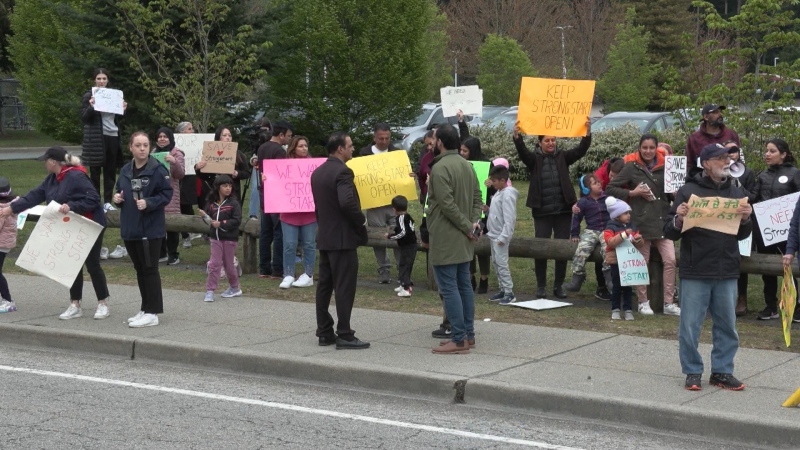 Parents rallied on April 24, 2024, in Surrey to save the StrongStart early education program.