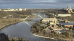 A view of the North Saskatchewan River, Walterdale Bridge and Rossdale Power Plant in central Edmonton on April 25, 2024. (CTV News Edmonton) 