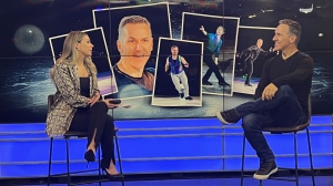 CTV Atlantic's Katie Kelly speaks with figure skater Elvis Stojko during an interview on April 24, 2024, in Halifax.