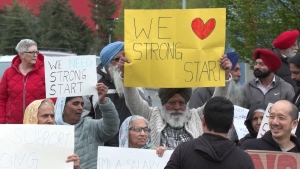 Parents rallied in Surrey on April 24, 2024, to speak out against the possible closure of the StrongStart program. 