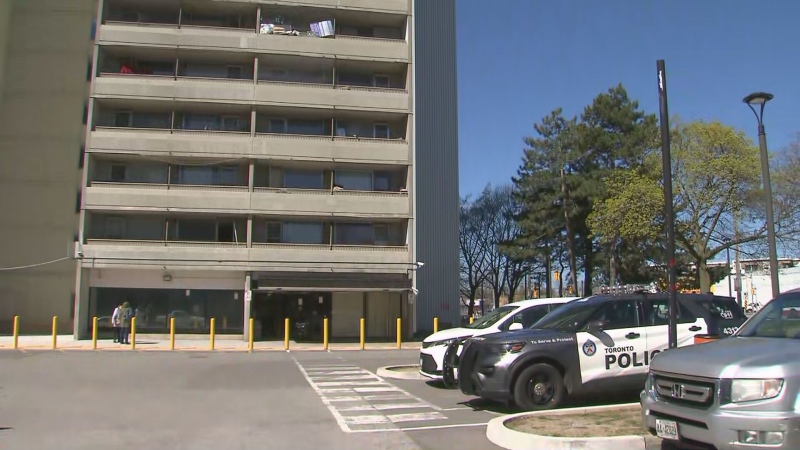 Police are investigating a homicide at an apartment building in Scarborough on April 24, 2024. 