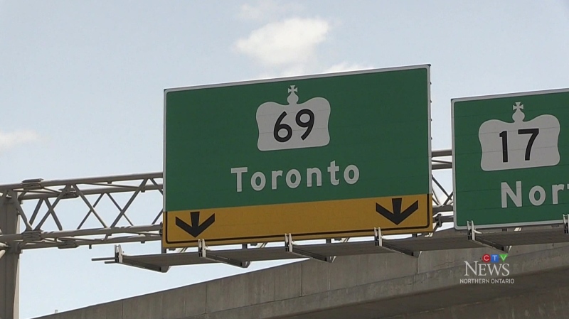 Highway 69 sign in Sudbury, Ontario. April 25, 2024 (CTV Northern Ontario)