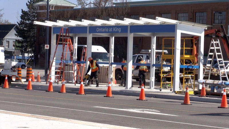 The first of 45 Bus Rapid Transit (BRT) Stations to be built in London is seen under construction on King Street south of Ontario Street on Thursday, April 24, 2024. (Sean Irvine/CTV News London)
