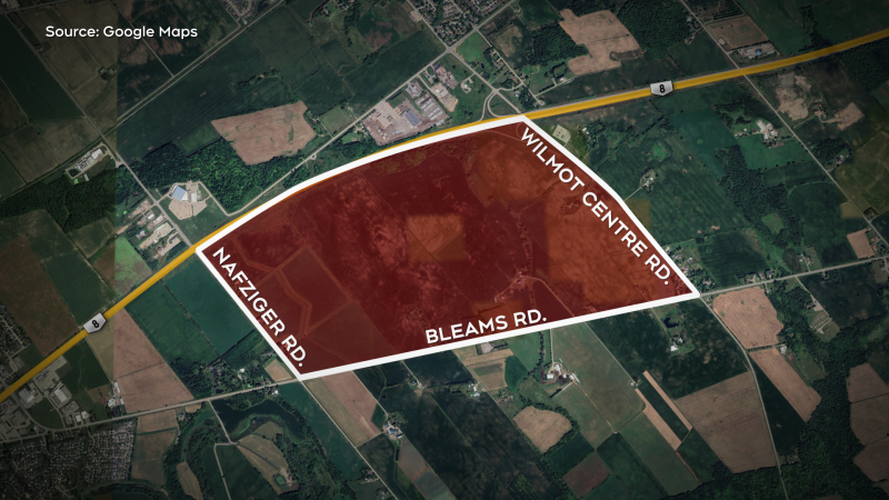 A map shows the land the Region of Waterloo wants to buy. (Graphic by Hayden Phillips/CTV Kitchener)