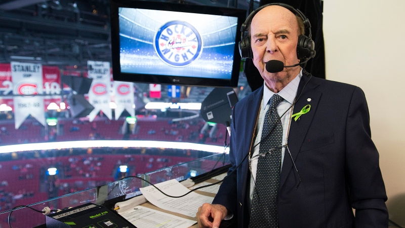 Legendary broadcaster Bob Cole poses prior to calling his last NHL hockey game ahead of first period NHL hockey action between the Montreal Canadiens and the Toronto Maple Leafs in Montreal, Saturday, April 6, 2019. (Graham Hughes / The Canadian Press)